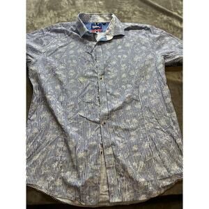 Billy London 2XL Slim Fit Men's Short Sleeve Button Up Shirt blue floral‎ stripe